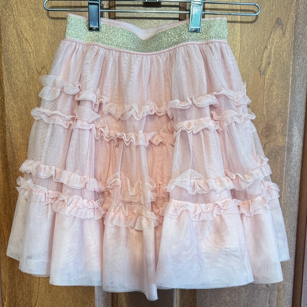 Mini Boden Pink Ruffled Skirt with Gold Waistband